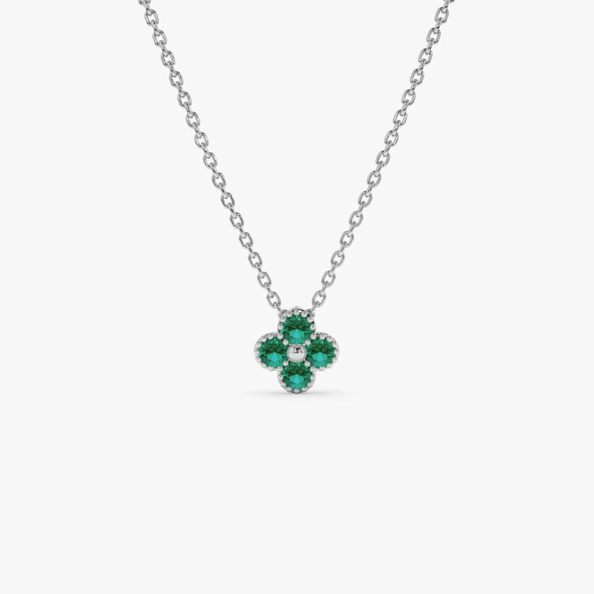 14k Solid Gold Round Emerald 0.15 CTW Clover Beaded Necklace Prong Setting