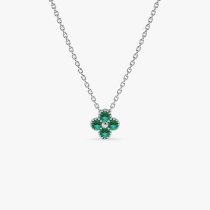 14k Solid Gold Round Emerald 0.15 CTW Clover Beaded Necklace Prong Setting