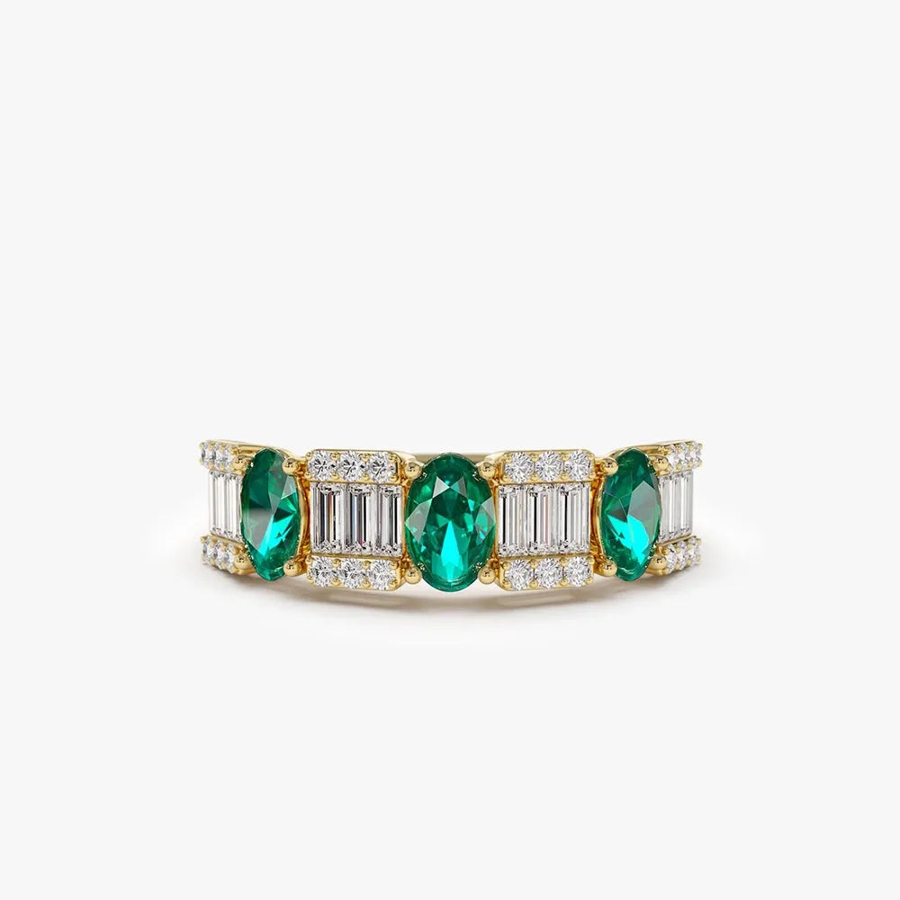 14K Solid Gold Oval Emerald and Baguette Round Diamond Ring 1.43 CTW Handcrafted Jewelry