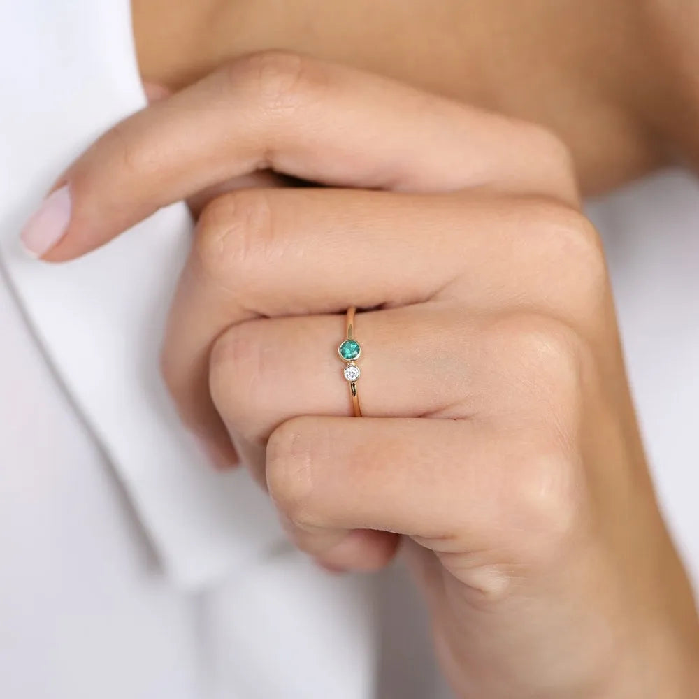 14K Solid Gold Round Emerald and Diamond Bezel Set Ring 0.17 CTW Handcrafted Jewelry