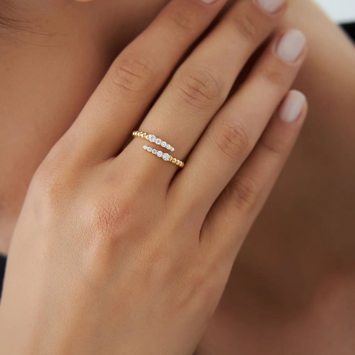 14k Solid Gold Round Diamond 0.25 Carat Beaded Crossover Ring