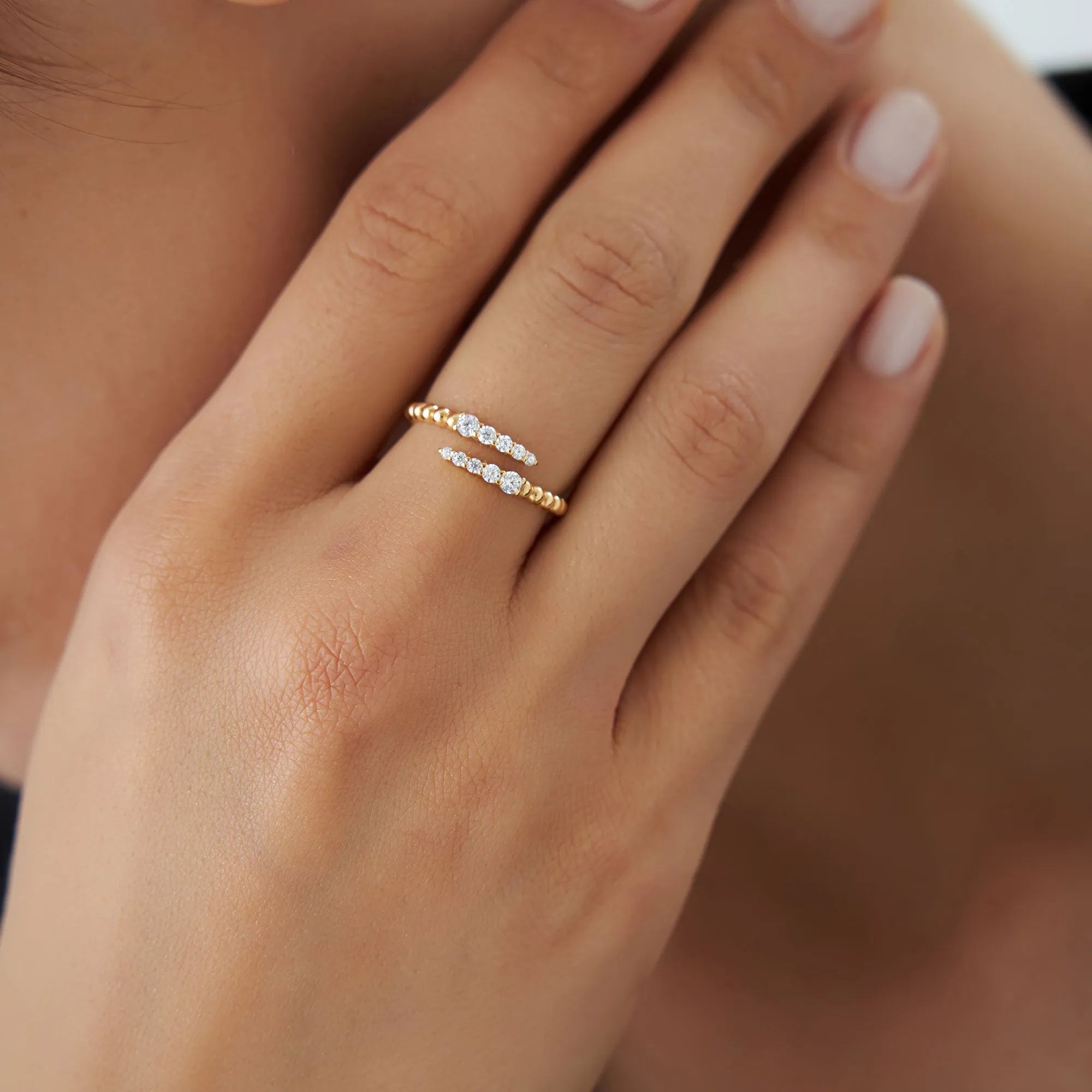 14k Solid Gold Round Diamond 0.25 Carat Beaded Crossover Ring