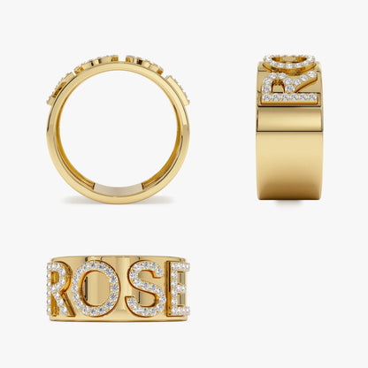 14K Solid Gold Diamond Chunky Name Band Ring Personalized Custom Jewelry