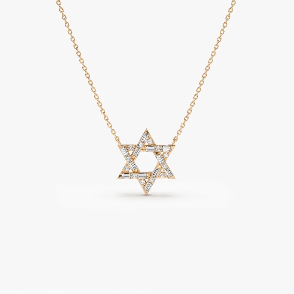 14K Solid Gold Baguette and Round Diamond Star of David Pendant Necklace 0.34ctw