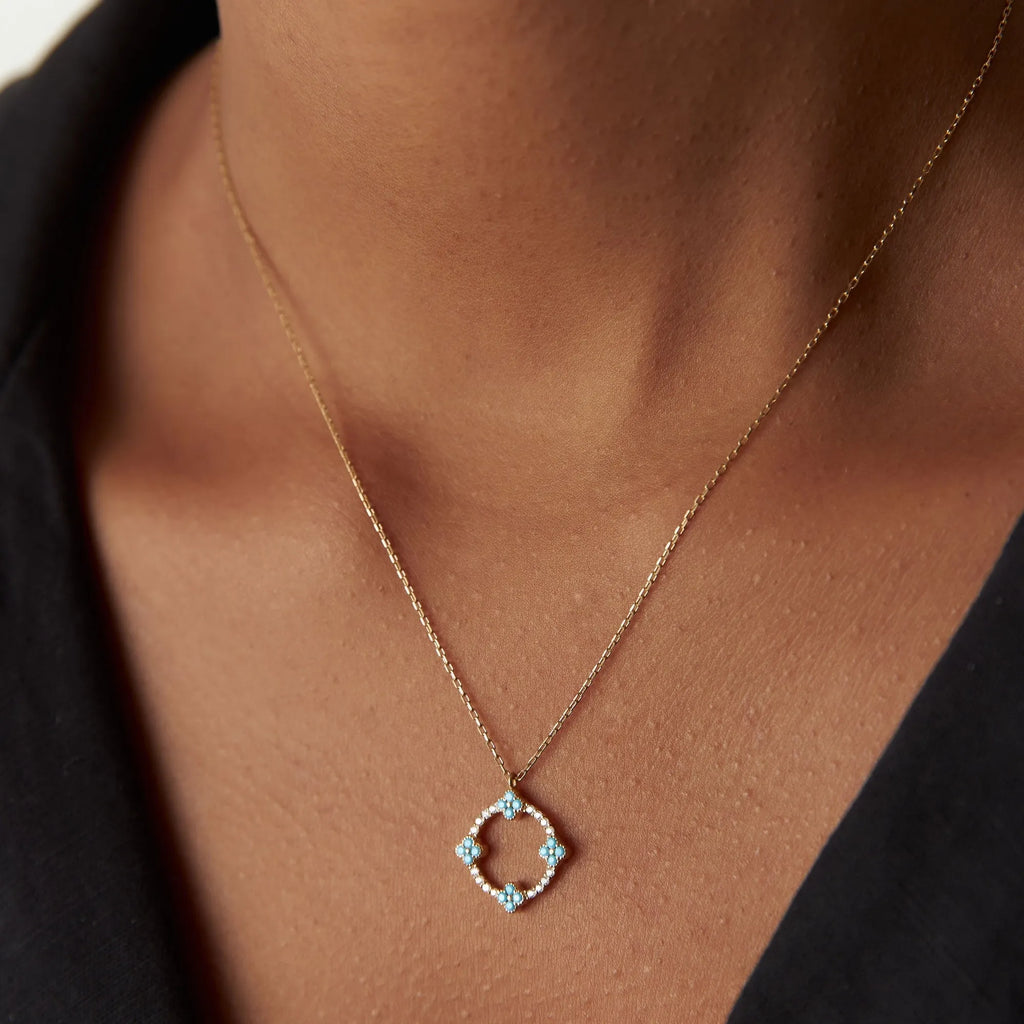 14k Solid Gold Turquoise and Diamond Round Clover Necklace 0.33 Carat
