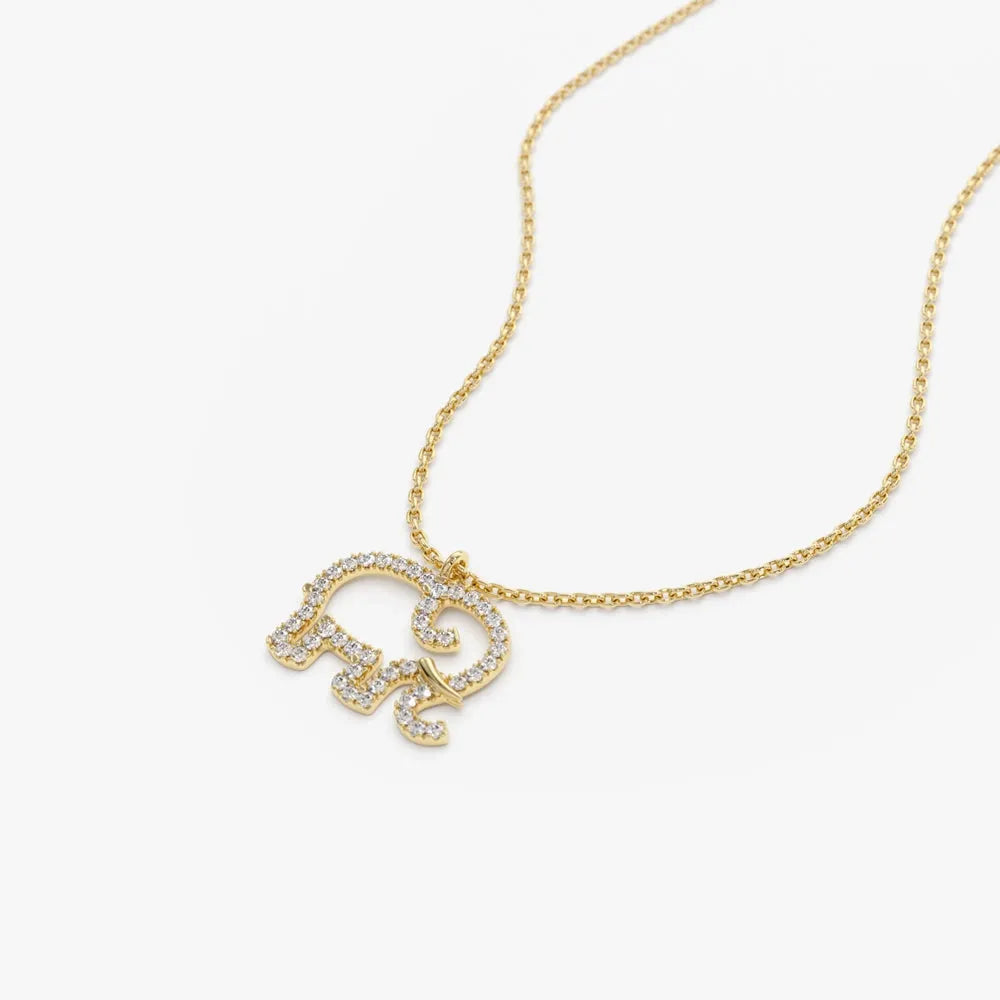 14K Solid Gold Round Diamond Micro Pave Elephant Charm Necklace 0.22ctw