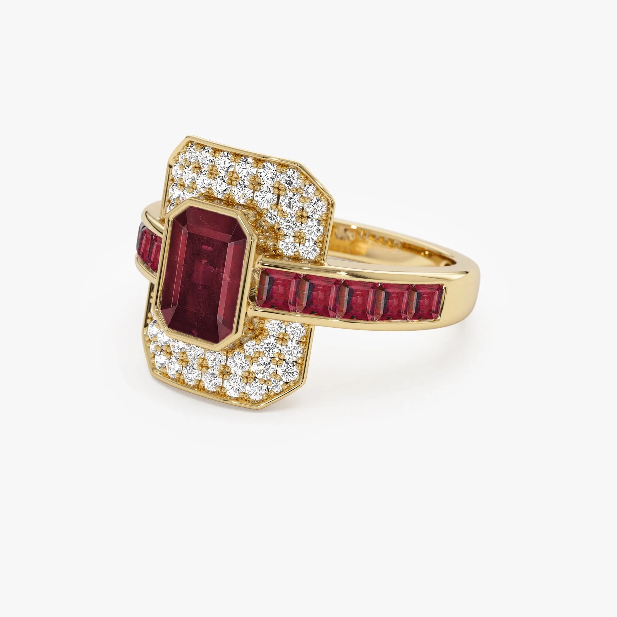 14k Gold Ruby and Diamond Emerald and Square Cut Art Deco Ring 2.80 ctw