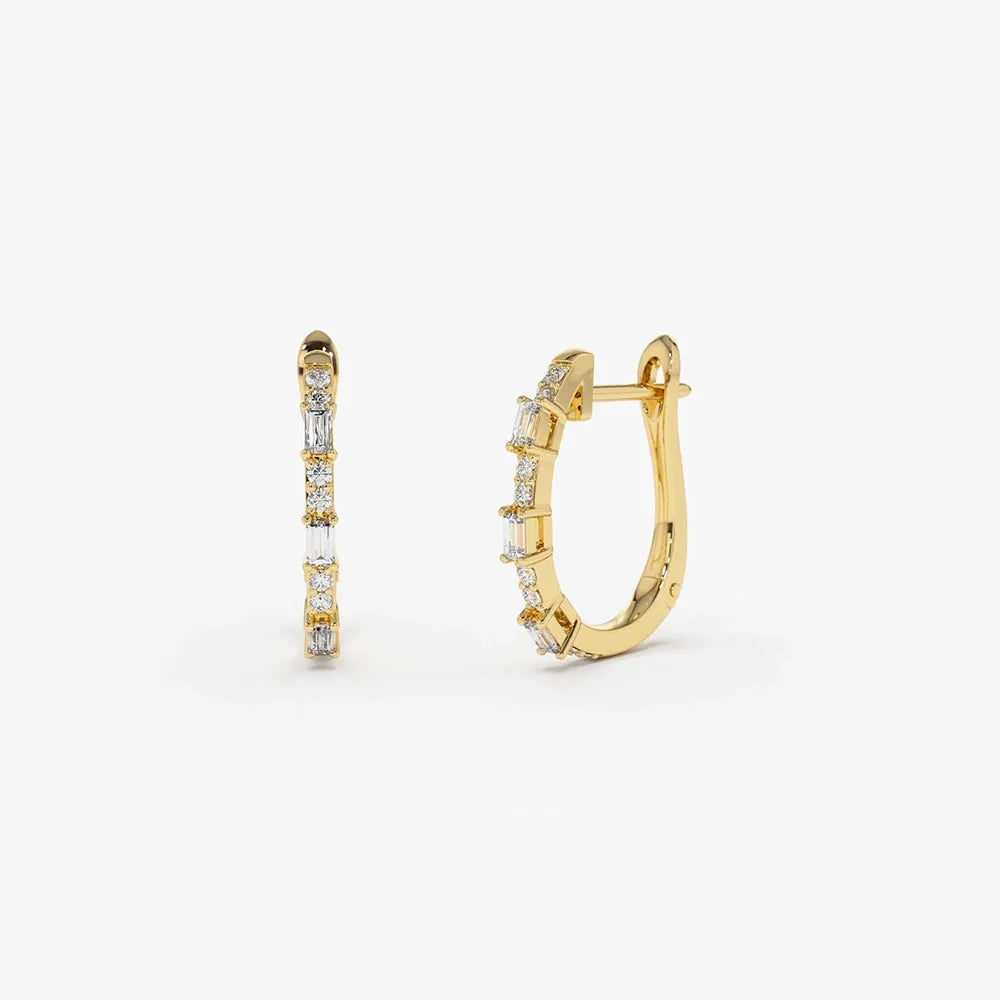 14k Gold Diamond Baguette and Round Cut Earrings 0.28 ctw