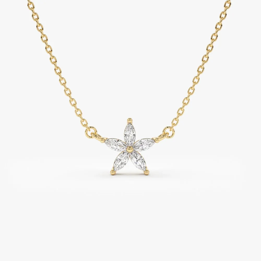 14K Solid Gold Marquise Diamond Flower Pendant Necklace 0.32ctw
