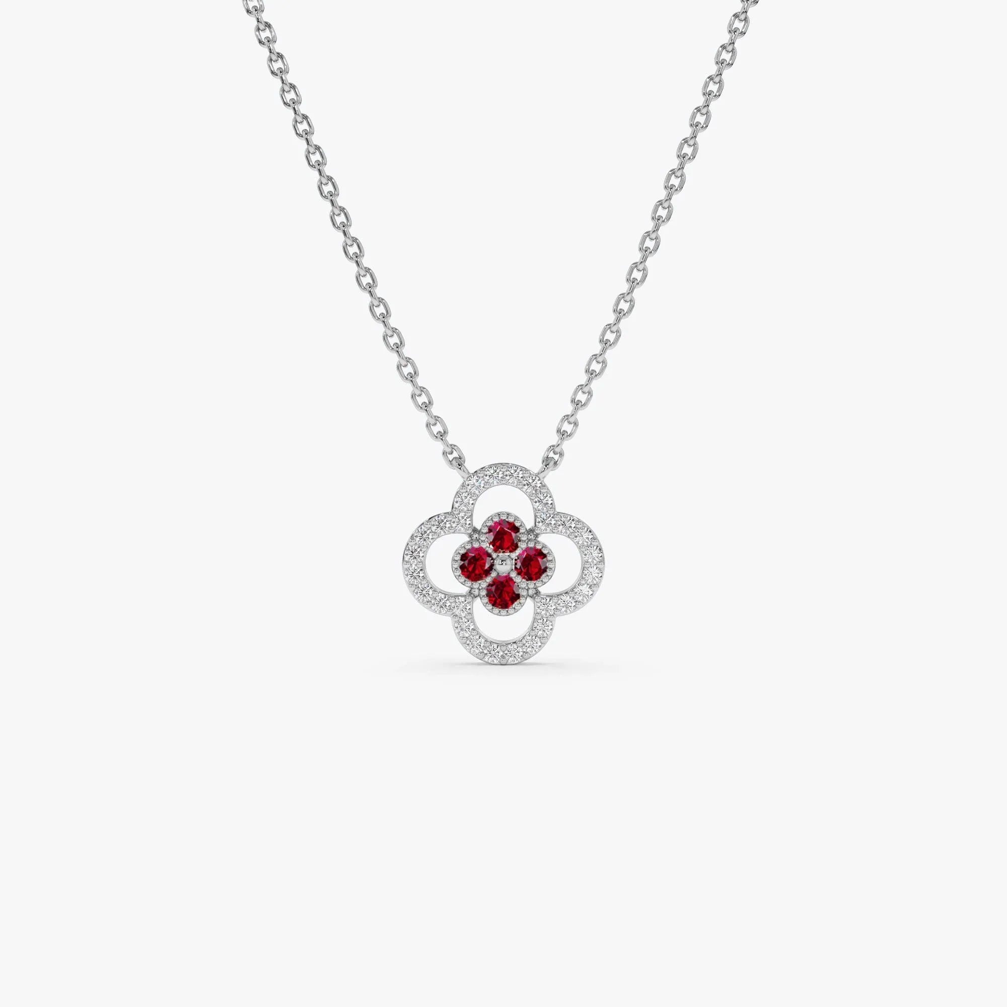 14k Solid Gold Ruby and Diamond Round Clover Halo Necklace 0.24 Carat