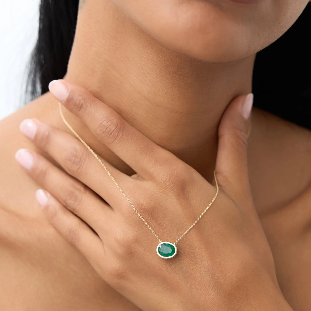 14k Solid Gold Oval and Octagon Cut Emerald 1.55 to 2.20 CTW Bezel Setting Necklace