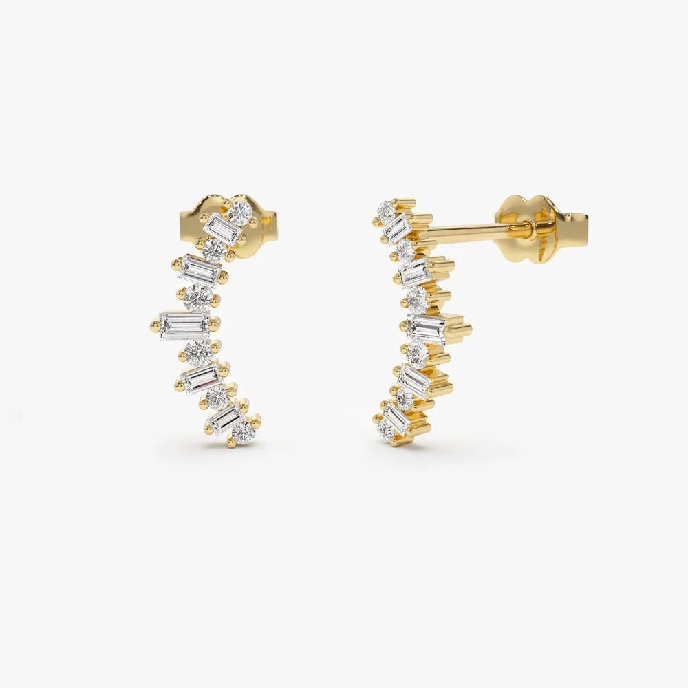 14k Gold Diamond Baguette and Round Cut Ear Crawler Earrings Prong Setting 0.35 ctw