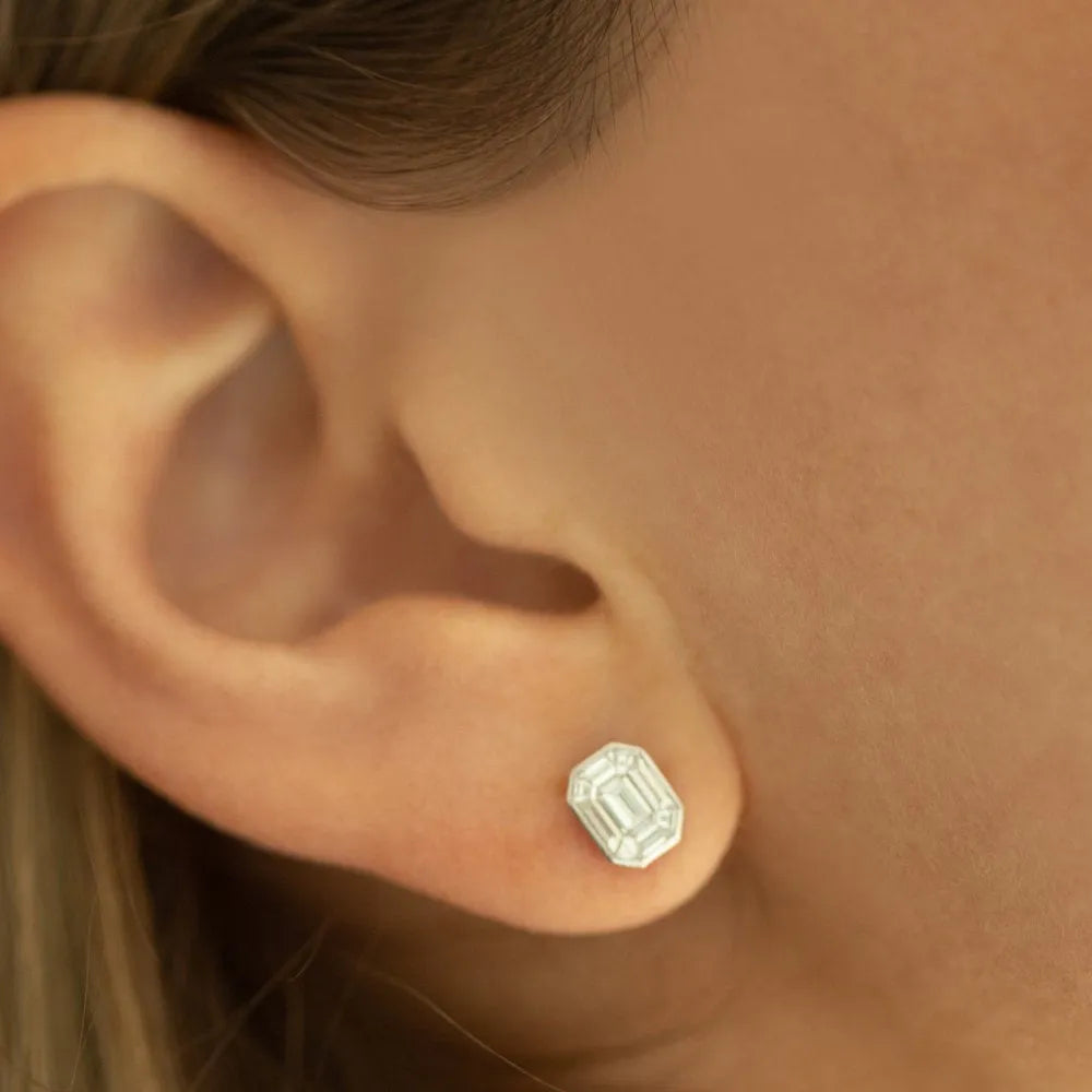 14k Gold Diamond Baguette Step Cut Mosaic Illusion Stud Earrings Invisible Bezel 0.80 ctw