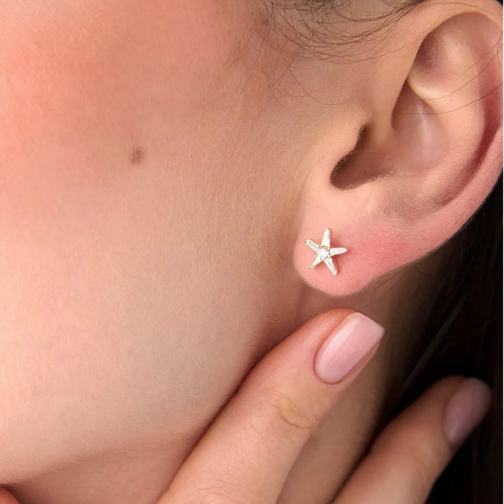 14k Gold Diamond Baguette and Round Cut Star Stud Earrings 0.45 ctw