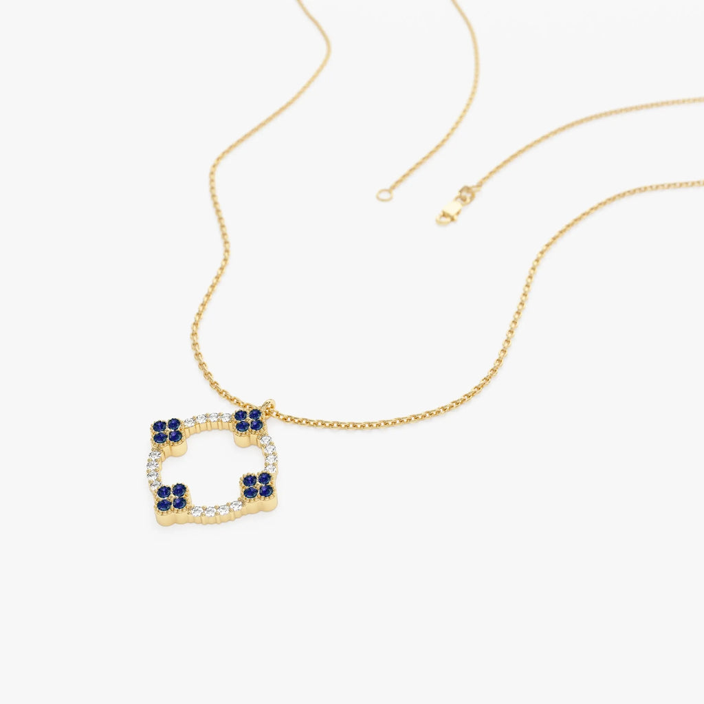 14k Solid Gold Sapphire and Diamond Round Clover Necklace 0.33 Carat