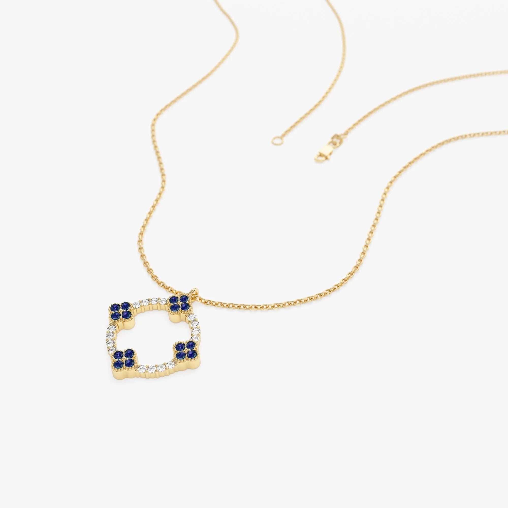 14k Solid Gold Sapphire and Diamond Round Clover Necklace 0.33 Carat