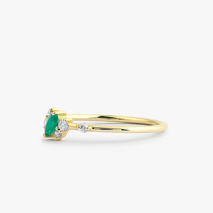 14K Solid Gold Marquise Emerald and Round Diamond Slanted Ring 0.23 CTW Handcrafted Jewelry