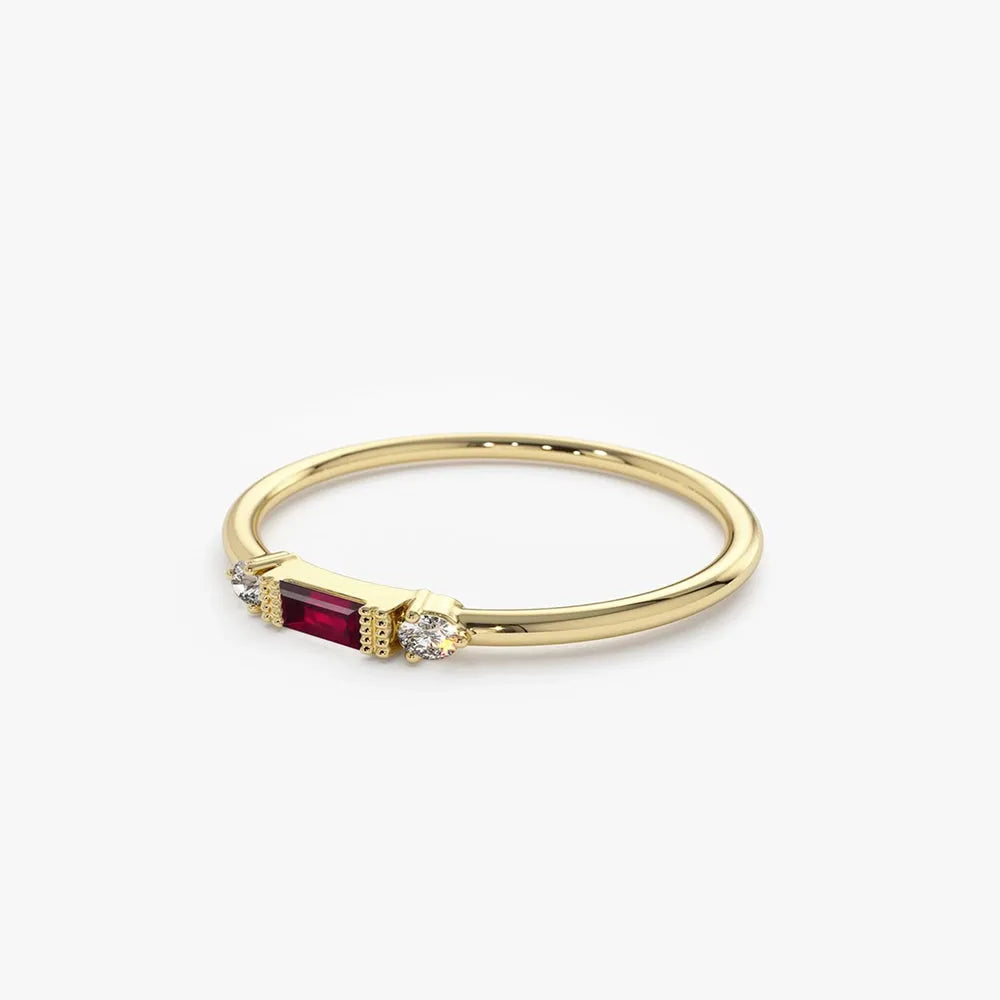 14k Gold Ruby and Diamond Baguette and Round Cut Ring Channel and Prong Setting 0.14 ctw
