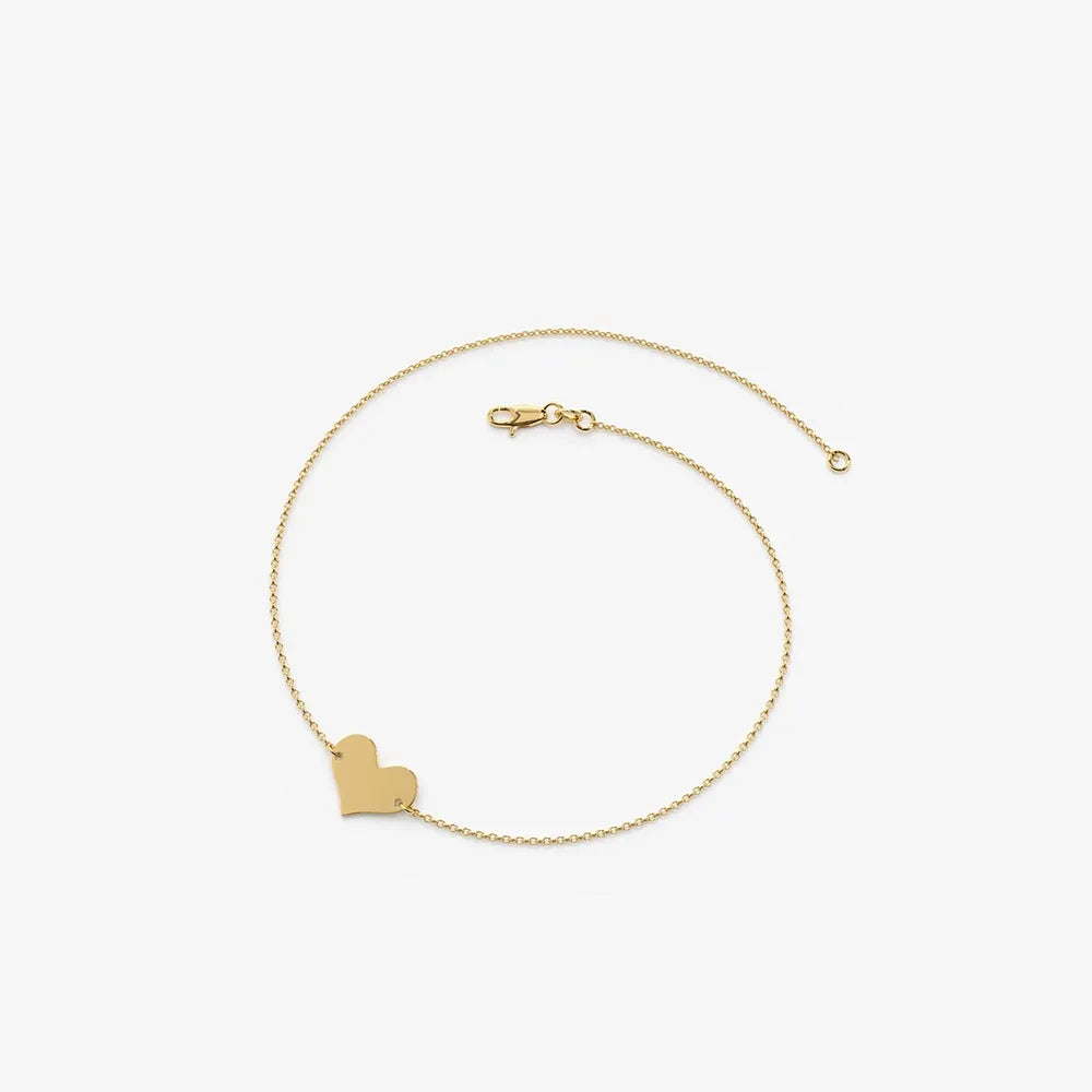 14K Solid Gold Heart Shape Charm Link Bracelet