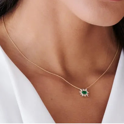 14k Solid Gold Emerald Cut Emerald 0.25 CTW and Tapered Baguette Diamond 0.25 CTW Pendant Necklace