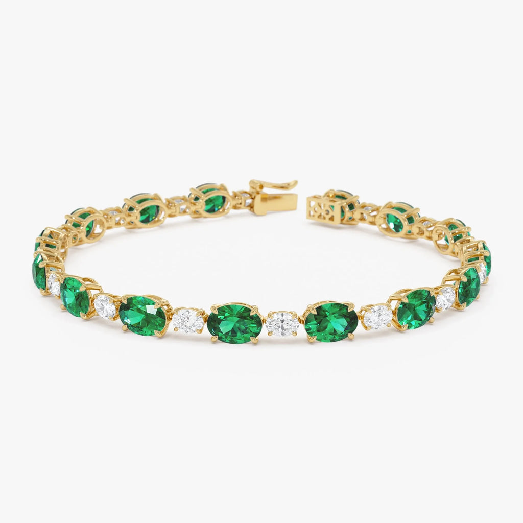 14K Solid Gold Lab Grown Colombian Emerald Cut Lab Grown Diamond 4 Prong Bracelet
