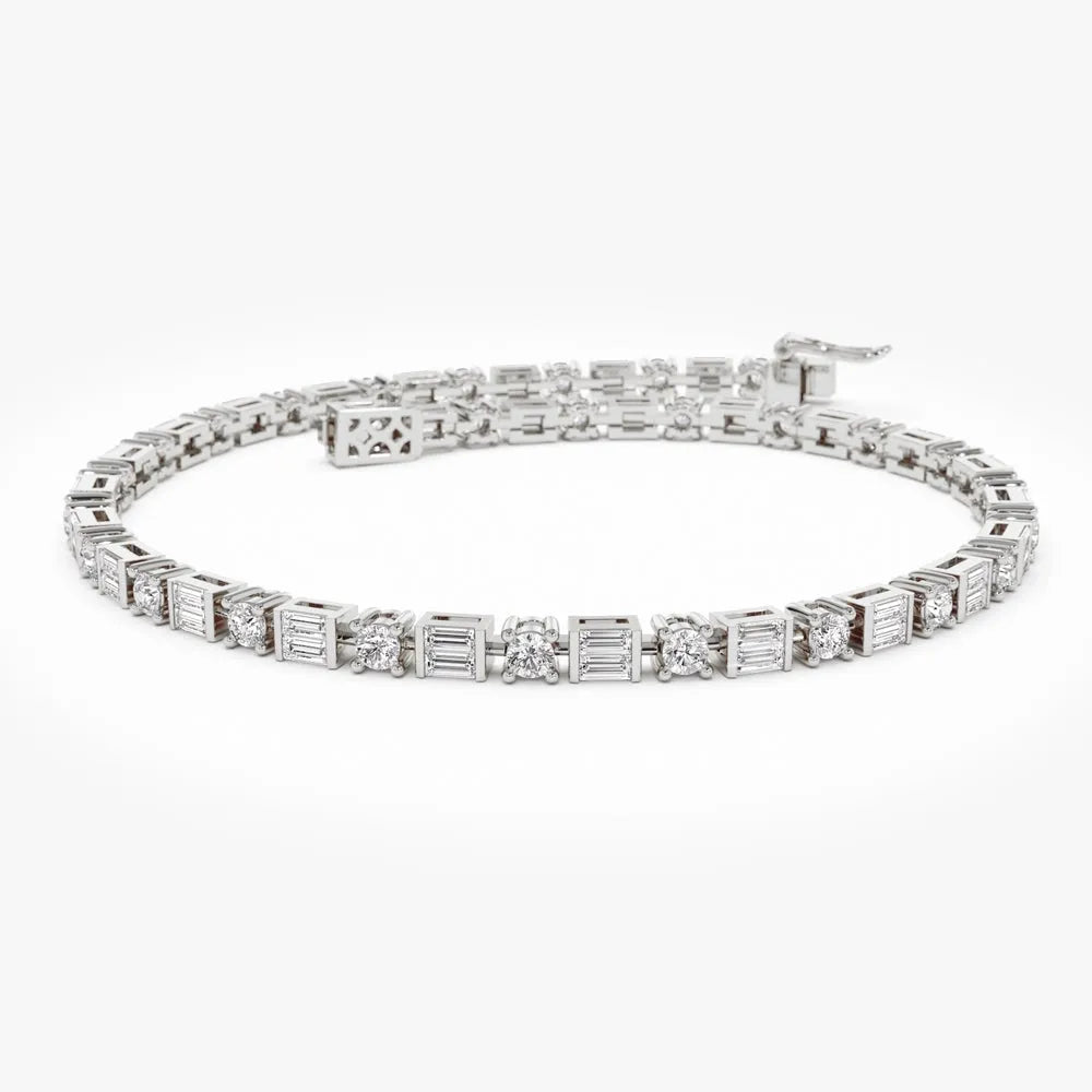 14K Solid Gold 2.40 CTW Baguette and Round Diamond Tennis Bracelet