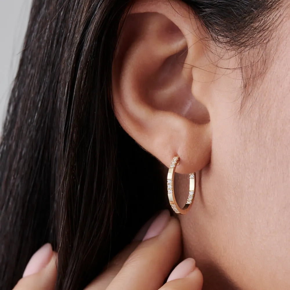14k Gold Diamond Round Cut Inside Out Hoop Earrings 0.36 ctw