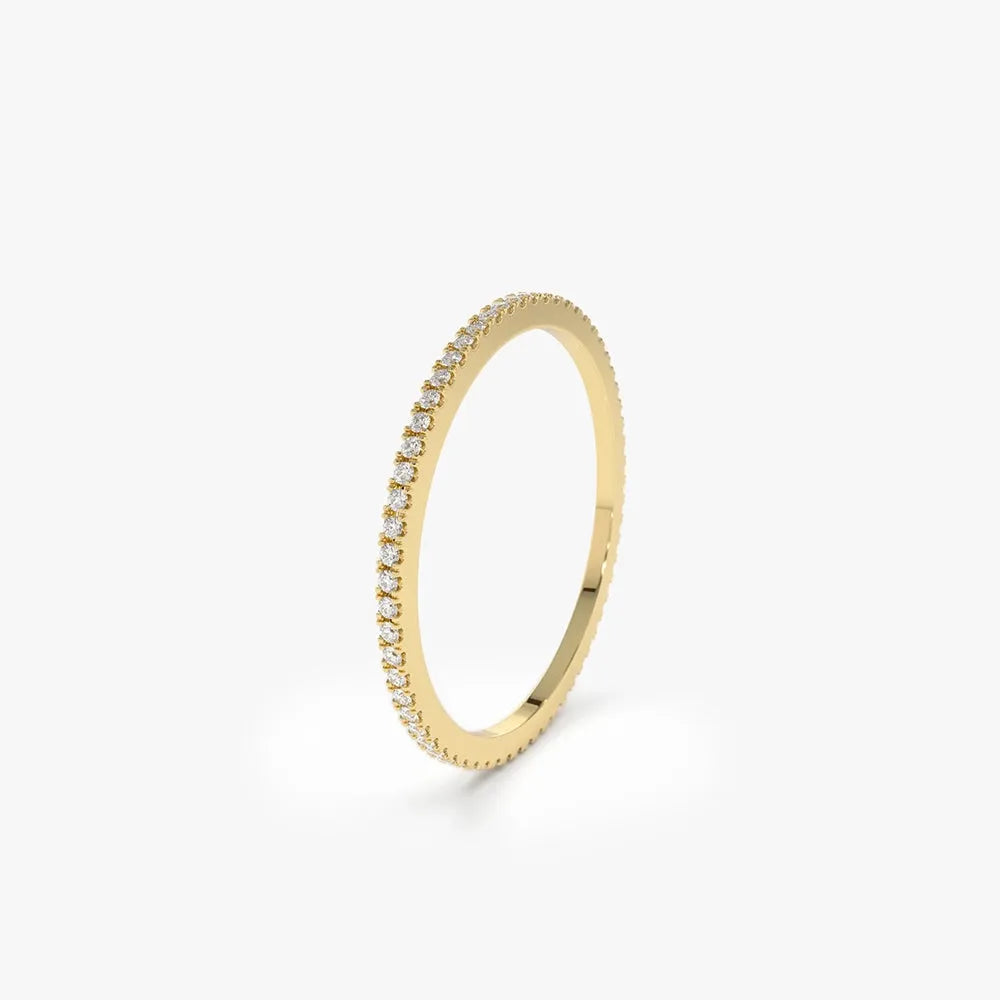 14K Gold Round Diamond 1mm Ultra Thin Micro Pave Eternity Wedding Band Stackable