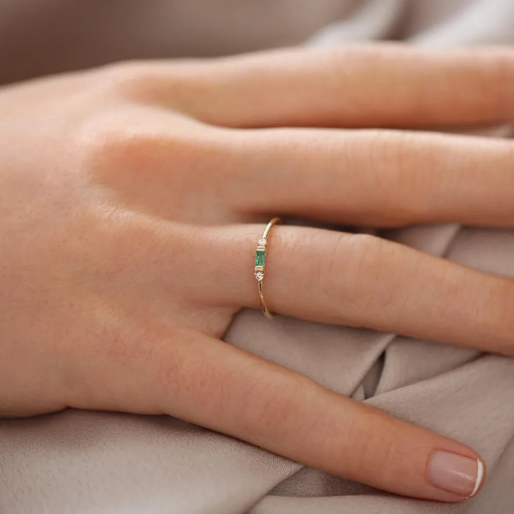 14K Gold Baguette Emerald and Round Diamond Ring 0.12 CTW Handcrafted Jewelry