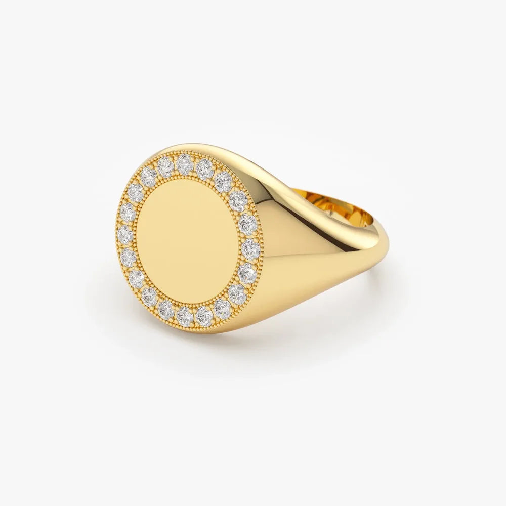 14K Gold 0.30ctw Round Diamond Engravable Circular Signet Ring