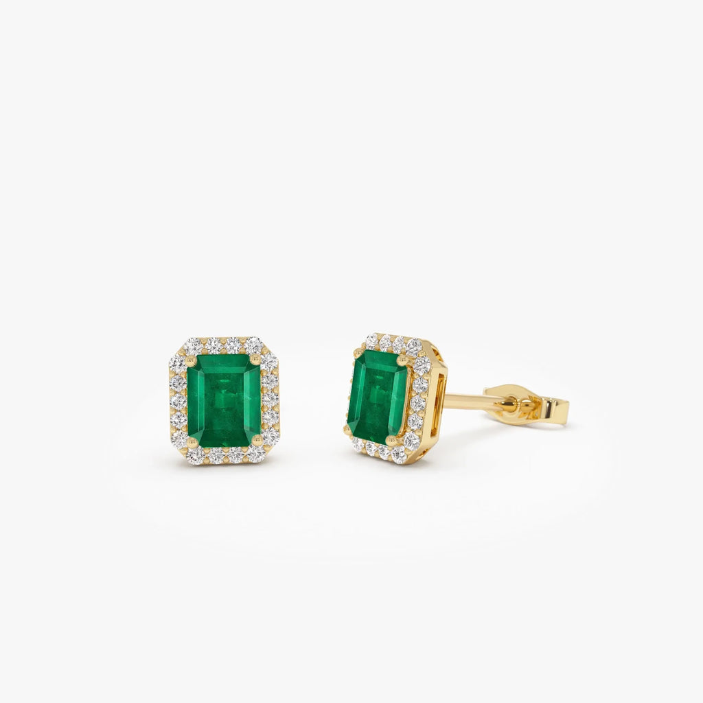 14k Solid Gold Octagon Emerald and Round Diamond Halo Stud Earrings 1.04 ctw