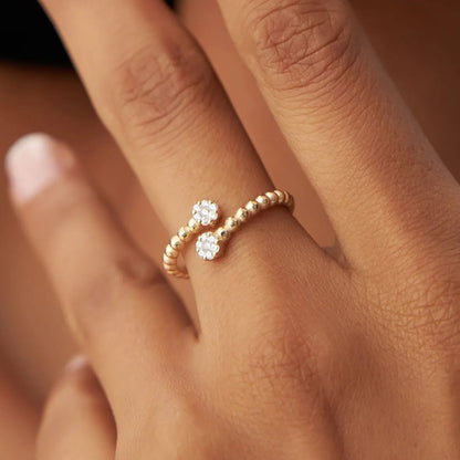 14k Solid Gold Round Diamond 0.14 ctw Beaded Open Bypass Illusion Ring