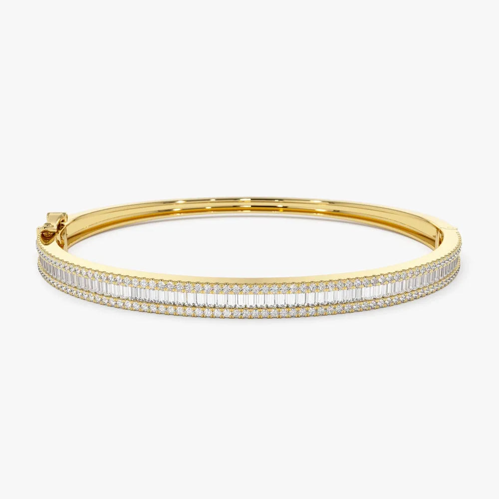 14K Solid Gold 1.63 CTW Baguette and Round Diamond Half Eternity Bangle