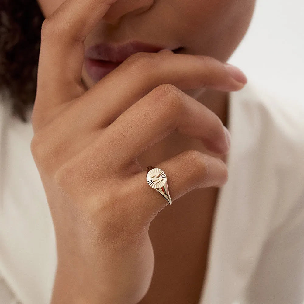 14K Gold Round Sunburst Initial Signet Ring 8mm Personalized Custom Jewelry