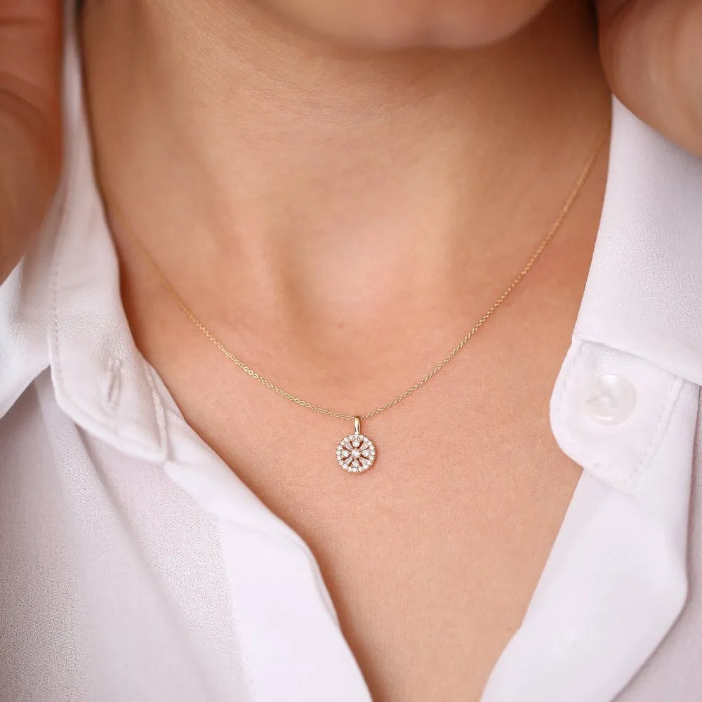14K Solid Gold Baguette and Round Diamond Charm Necklace 0.32ctw