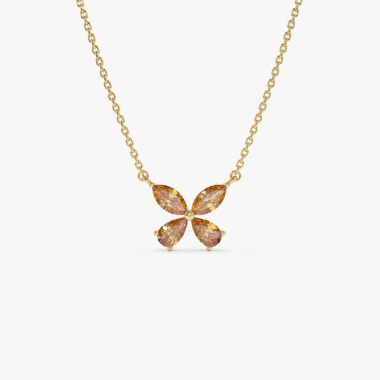14k Solid Gold Citrine Pear and Marquise Butterfly Necklace 0.90 Carat