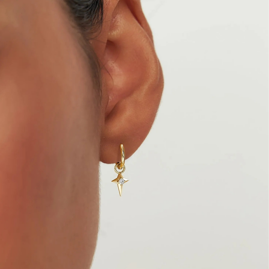 14k Gold Diamond North Star Hoop Earring Charm 0.03 ctw