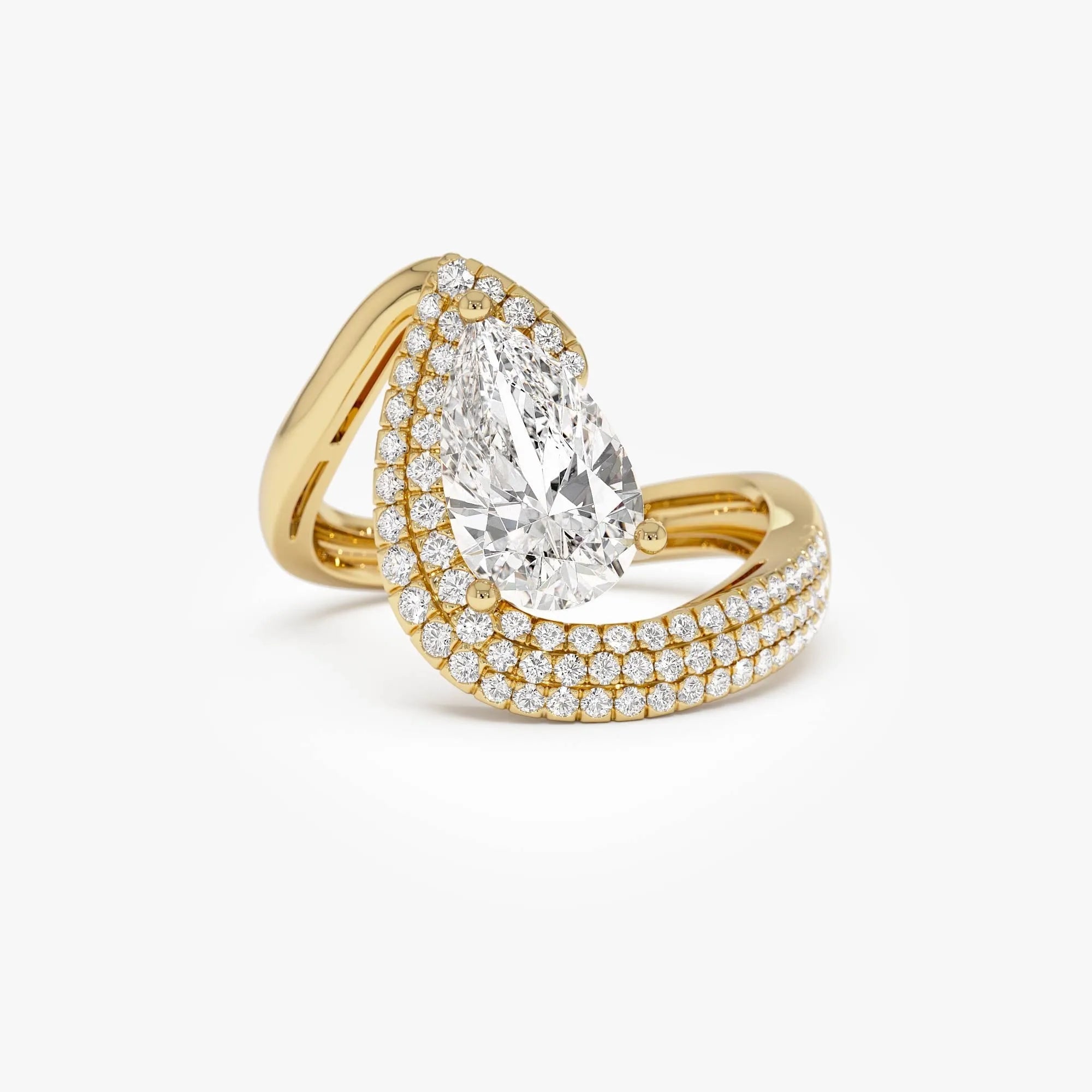 14k Gold Lab Grown Diamond Pear Shape Triple Row Pave Band Engagement Ring 2.00 ctw IGI Certified Chiara