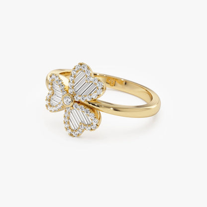 14K Solid Gold Baguette and Round Diamond 0.42 Carat Flower Clover Ring
