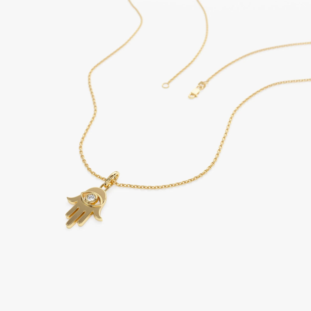 14K Solid Gold 0.04 CTW Round Diamond Hamsa Hand Necklace