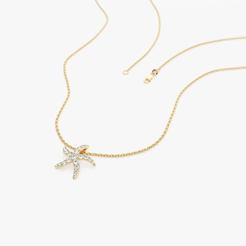 14K Solid Gold 0.25 CTW Round Diamond Starfish Charm Pendant Necklace