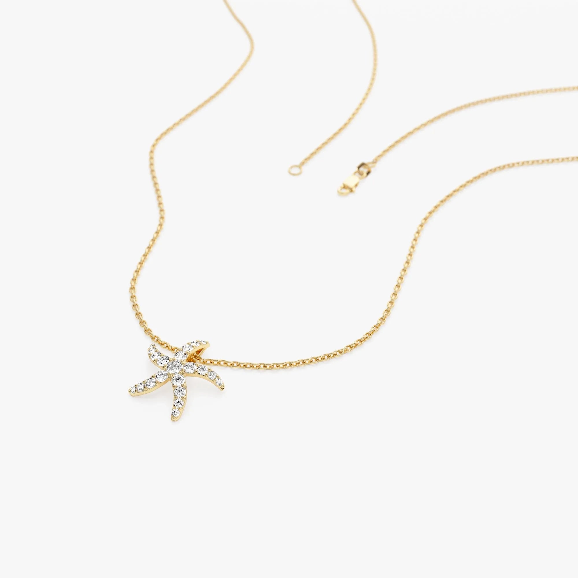 14K Solid Gold 0.25 CTW Round Diamond Starfish Charm Pendant Necklace