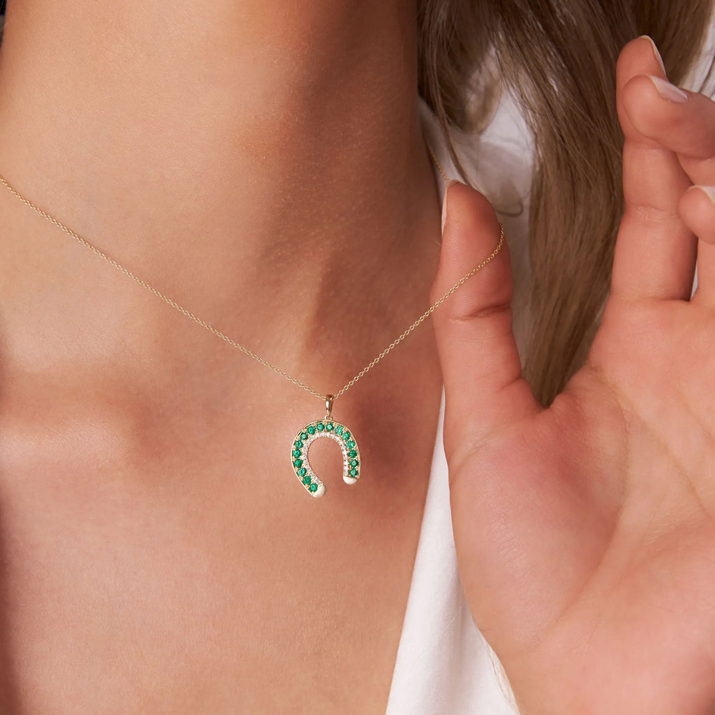 14k Solid Gold Round Emerald 0.45 CTW and Diamond 0.12 CTW Horseshoe Pendant Necklace