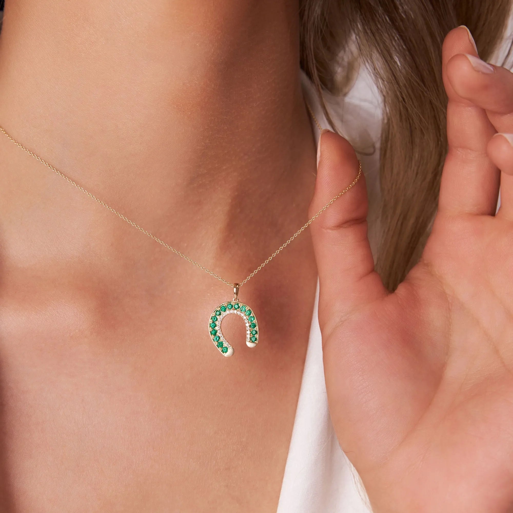 14k Solid Gold Round Emerald 0.45 CTW and Diamond 0.12 CTW Horseshoe Pendant Necklace