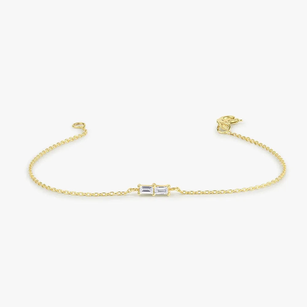 14K Solid Gold Baguette Diamond Double Stone Chain Bracelet Prong Setting 0.12 Carat