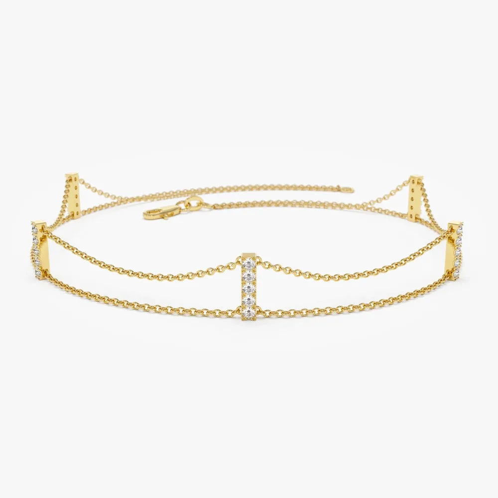 14K Solid Gold 0.15 CTW Round Diamond Five Station Bar Bracelet