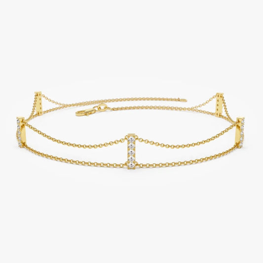 14K Solid Gold 0.15 CTW Round Diamond Five Station Bar Bracelet