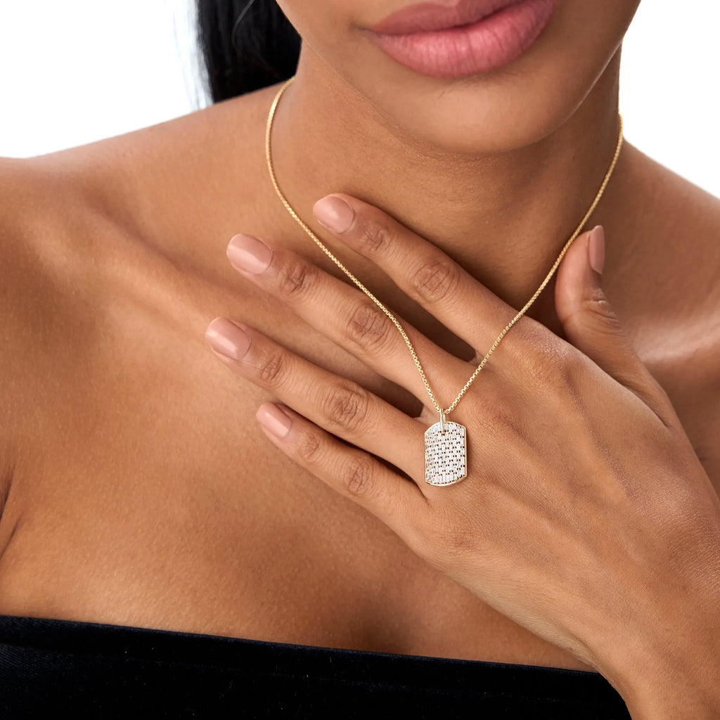 14K Solid Gold Baguette Diamond Dog Tag Pendant Necklace Prong Setting 1.25ctw