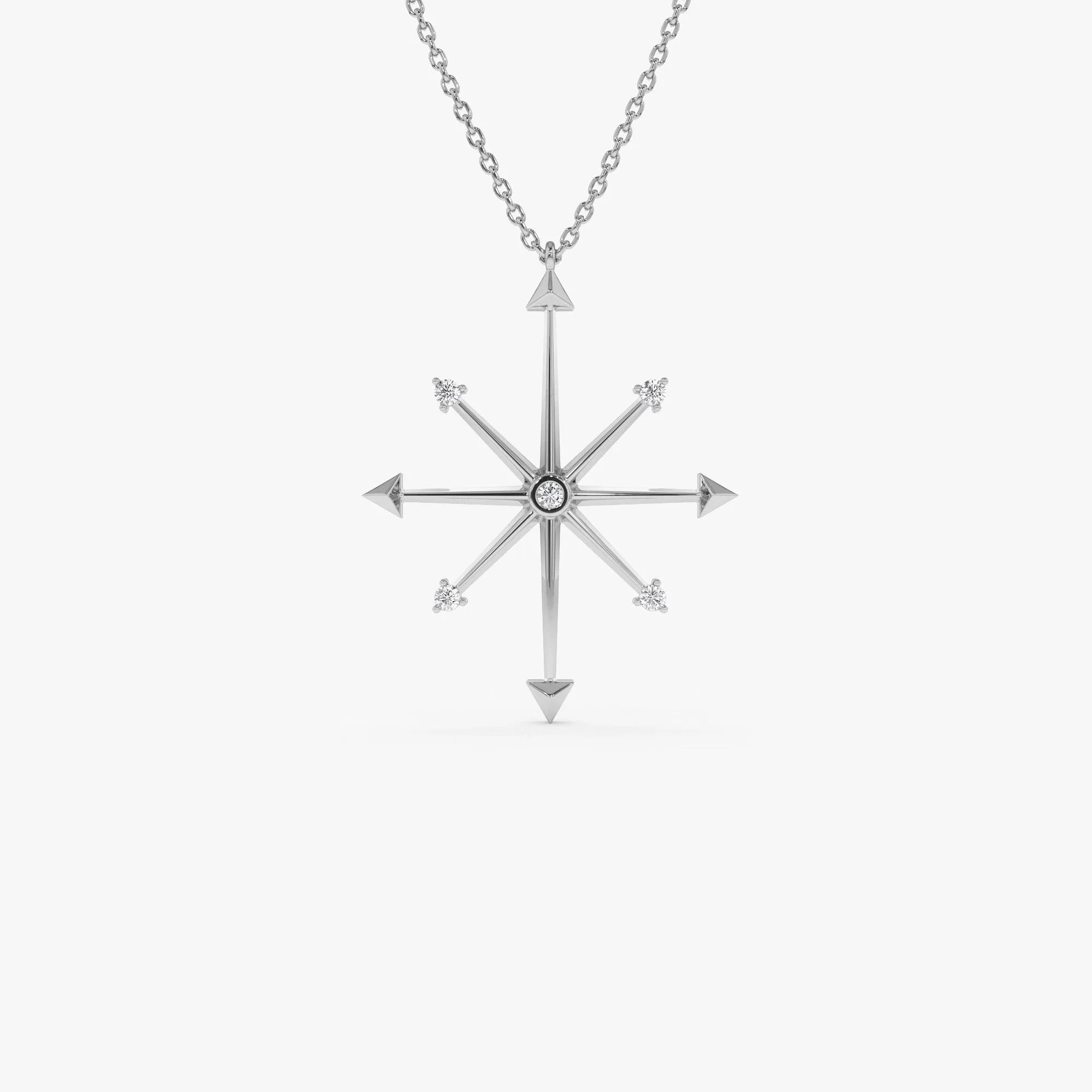 14K Solid Gold 0.11 CTW Round Diamond Compass Charm Necklace
