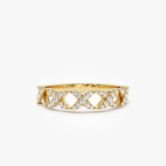 14K Solid Gold Round Diamond 0.22 Carat Pave Setting X Ring